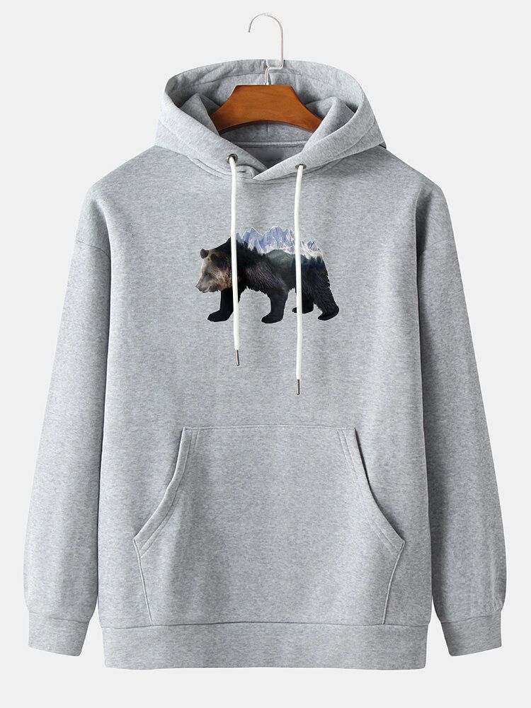 Sudaderas Con Capucha De Manga Larga Con Hombros Caídos Y Estampado De Oso Para Hombre Con Bolsillo Canguro