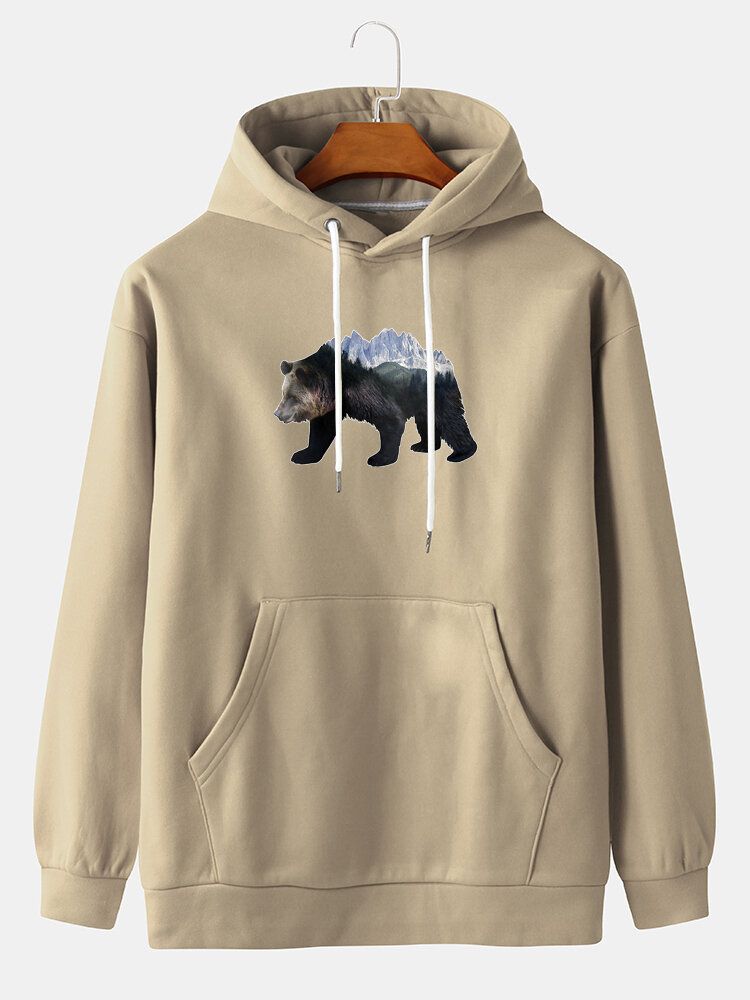 Sudaderas Con Capucha De Manga Larga Con Hombros Caídos Y Estampado De Oso Para Hombre Con Bolsillo Canguro