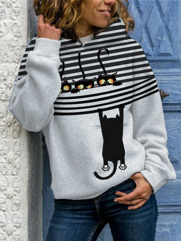 Sudaderas Con Capucha De Manga Larga Informales Diarias Con Estampado De Rayas De Gato De Dibujos Animados Para Mujer