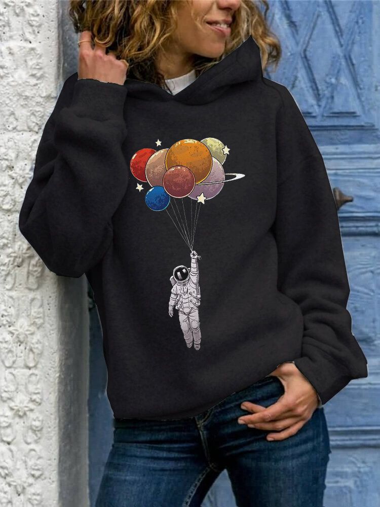 Sudaderas Con Capucha De Manga Larga Informales Con Estampado De Globos De Astronauta Para Mujer