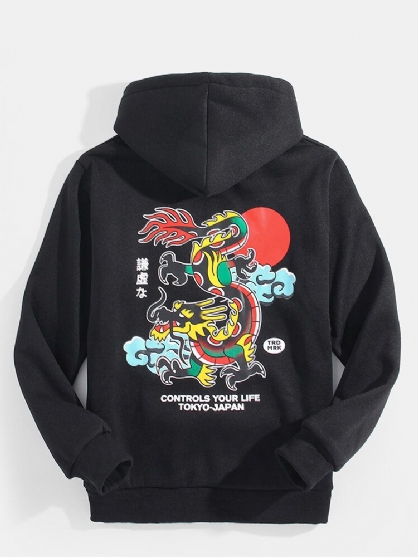 Sudaderas Con Capucha De Manga Larga Negras Con Estampado De Dragón Y Texto En La Espalda Para Hombre Ukiyoe Pocket