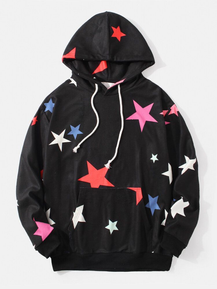 Sudaderas Con Capucha De Manga Larga Negras Con Estampado Simple De Estrellas Y Luna Para Hombre Con Bolsillo