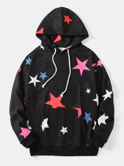 Sudaderas Con Capucha De Manga Larga Negras Con Estampado Simple De Estrellas Y Luna Para Hombre Con Bolsillo