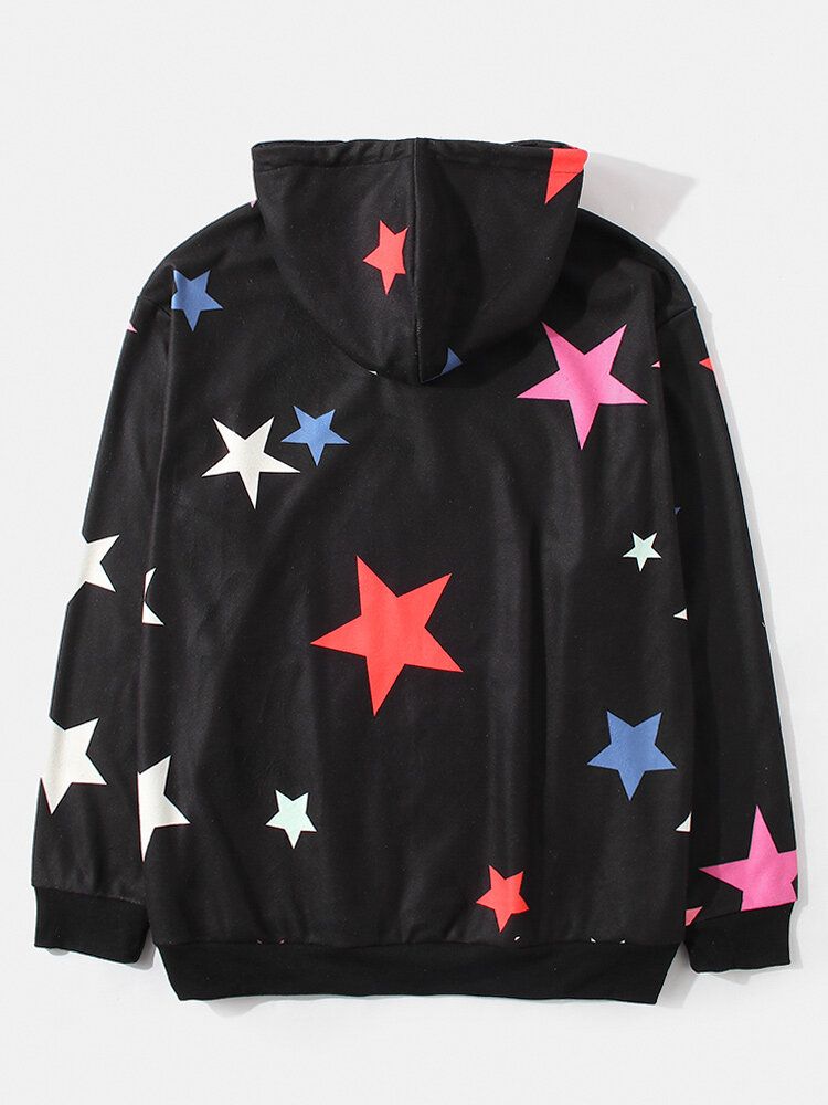 Sudaderas Con Capucha De Manga Larga Negras Con Estampado Simple De Estrellas Y Luna Para Hombre Con Bolsillo