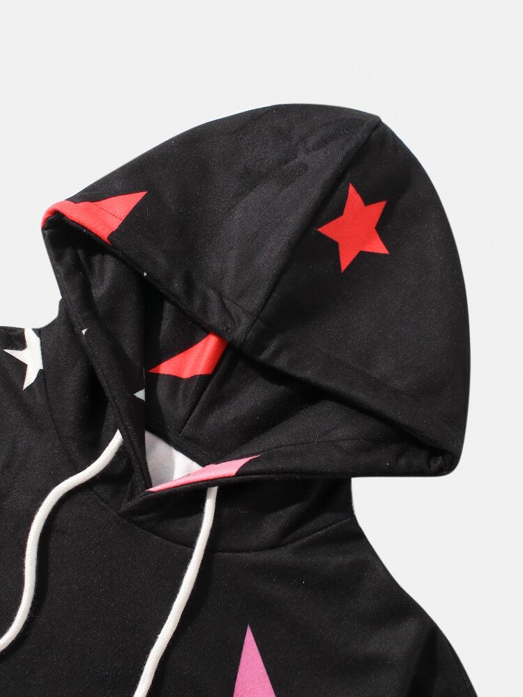 Sudaderas Con Capucha De Manga Larga Negras Con Estampado Simple De Estrellas Y Luna Para Hombre Con Bolsillo