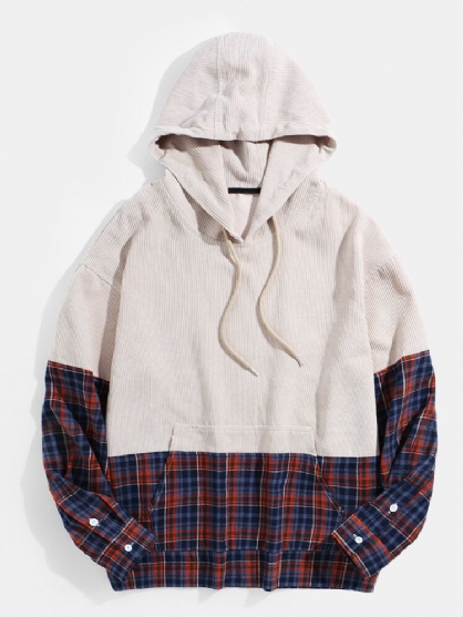 Sudaderas Con Capucha De Manga Larga De Patchwork A Cuadros De Pana Para Hombre Con Bolsillo