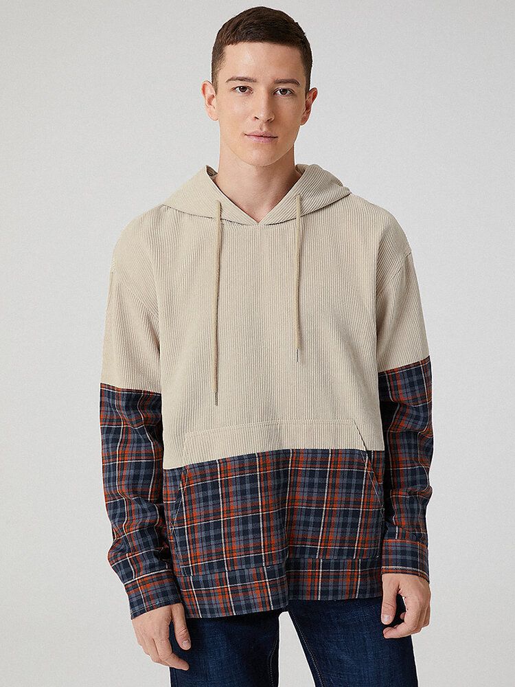 Sudaderas Con Capucha De Manga Larga De Patchwork A Cuadros De Pana Para Hombre Con Bolsillo