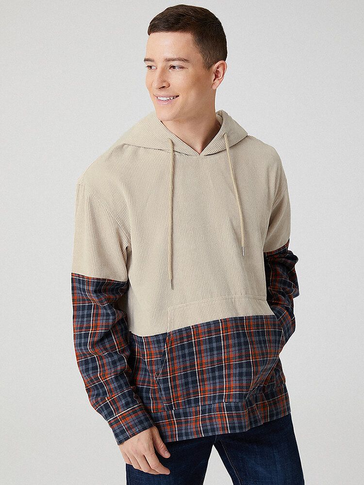 Sudaderas Con Capucha De Manga Larga De Patchwork A Cuadros De Pana Para Hombre Con Bolsillo