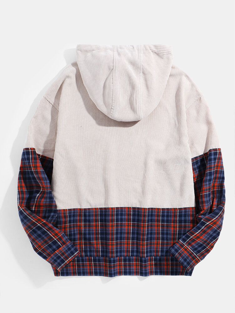 Sudaderas Con Capucha De Manga Larga De Patchwork A Cuadros De Pana Para Hombre Con Bolsillo