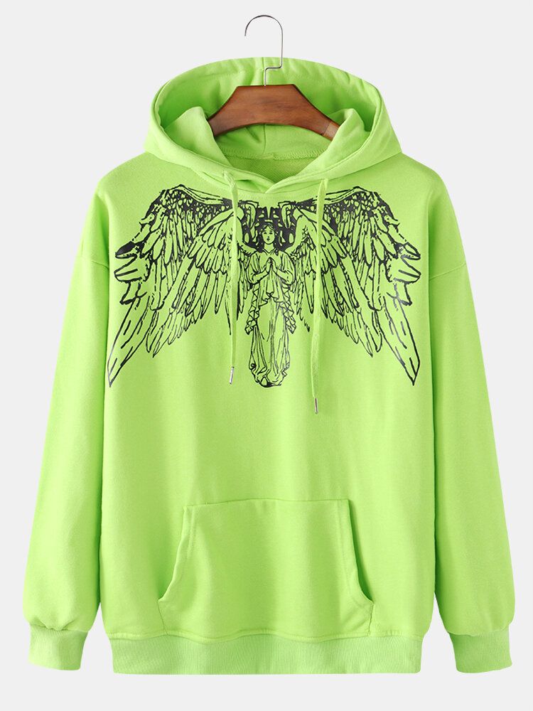 Sudaderas Con Capucha De Manga Larga Simples Con Estampado De Graffiti De Ángel Para Hombres Con Bolsillo