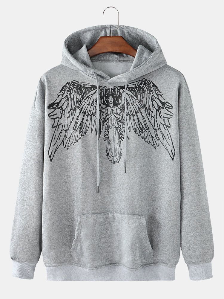 Sudaderas Con Capucha De Manga Larga Simples Con Estampado De Graffiti De Ángel Para Hombres Con Bolsillo