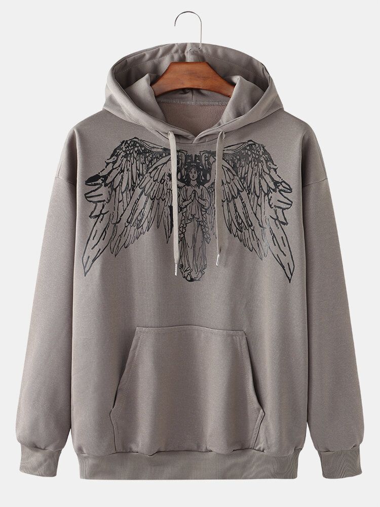 Sudaderas Con Capucha De Manga Larga Simples Con Estampado De Graffiti De Ángel Para Hombres Con Bolsillo