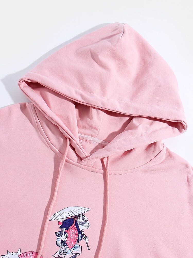 Sudaderas Con Capucha De Manga Larga Ukiyoe Con Estampado De Gato Divertido Para Hombre Con Bolsillo