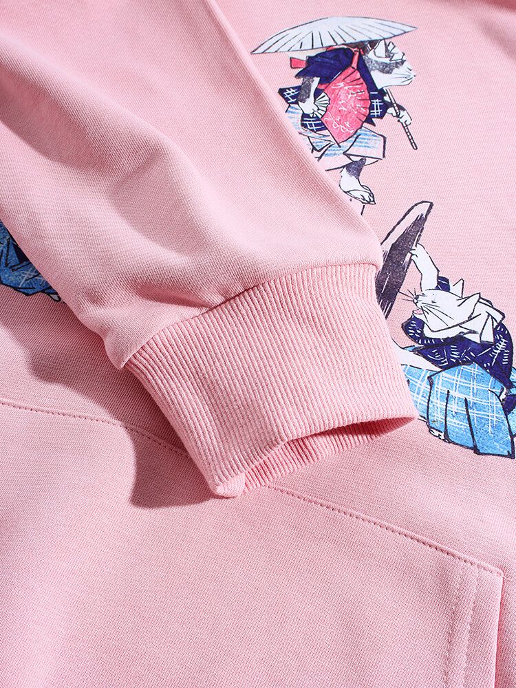 Sudaderas Con Capucha De Manga Larga Ukiyoe Con Estampado De Gato Divertido Para Hombre Con Bolsillo