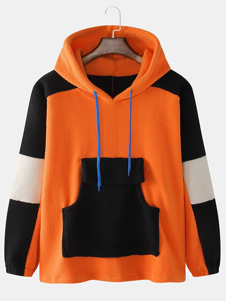 Sudaderas Con Capucha De Manga Raglán Con Bolsillo De Lana De Cordero De Patchwork De Colores Contrastantes Para Hombre