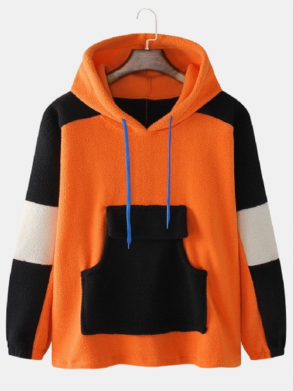 Sudaderas Con Capucha De Manga Raglán Con Bolsillo De Lana De Cordero De Patchwork De Colores Contrastantes Para Hombre