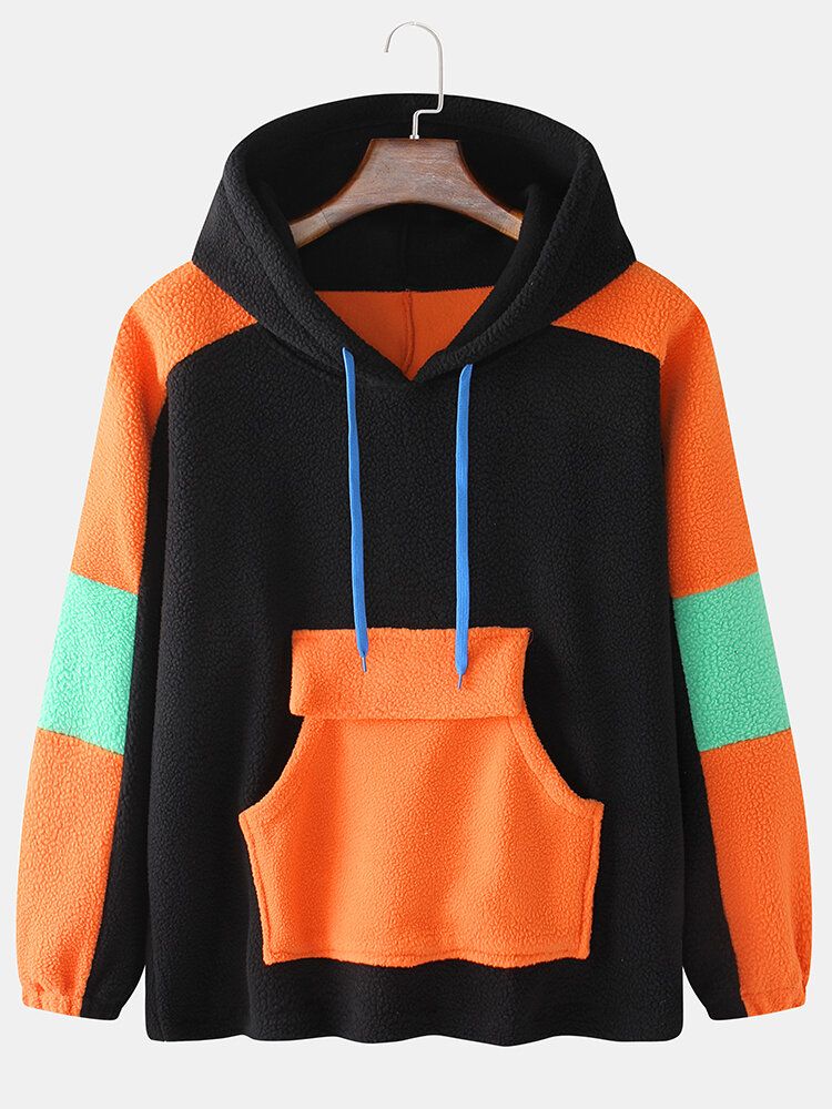 Sudaderas Con Capucha De Manga Raglán Con Bolsillo De Lana De Cordero De Patchwork De Colores Contrastantes Para Hombre