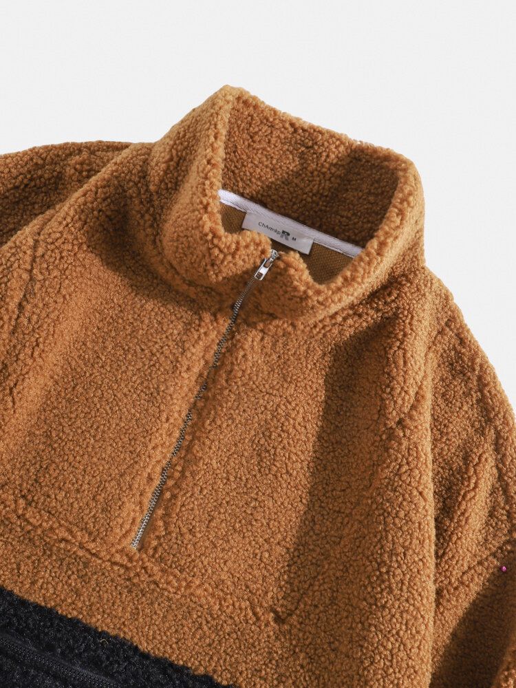 Sudaderas Con Capucha De Media Cremallera Con Cuello Alto En Contraste De Felpa Para Hombre