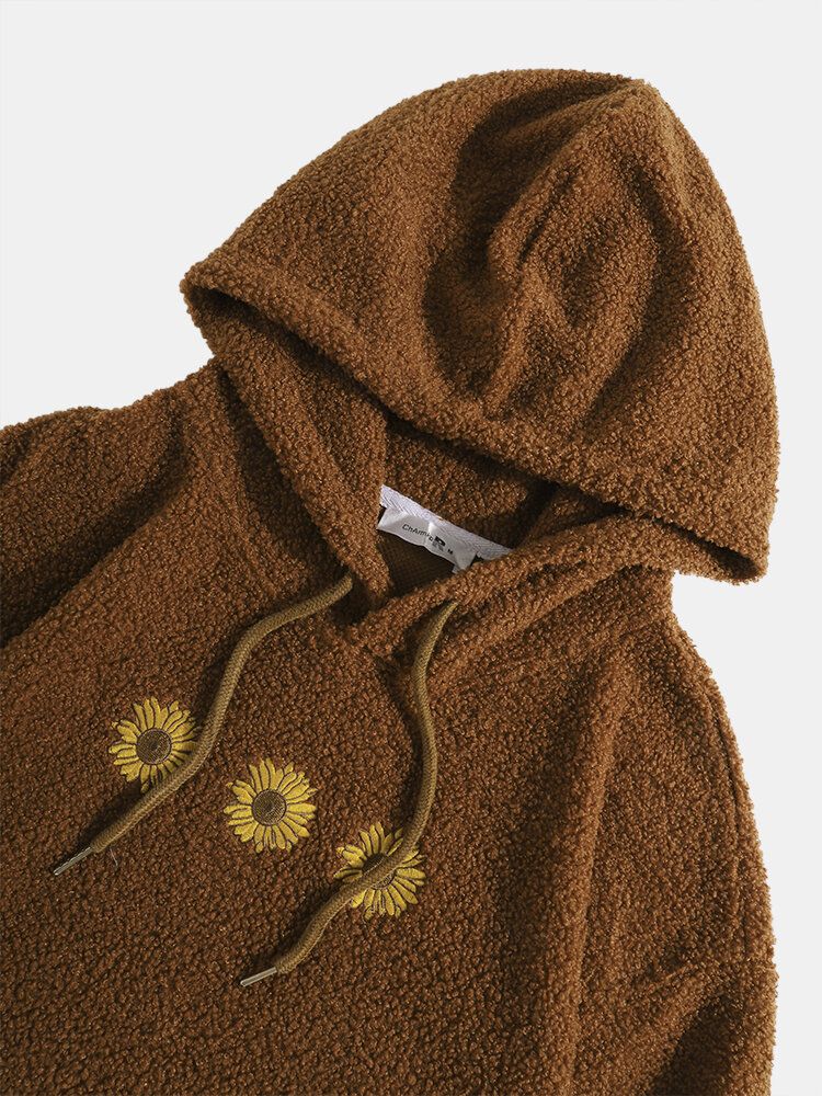 Sudaderas Con Capucha Mullidas De Felpa Bordadas Florales Para Hombres Con Bolsillo Canguro