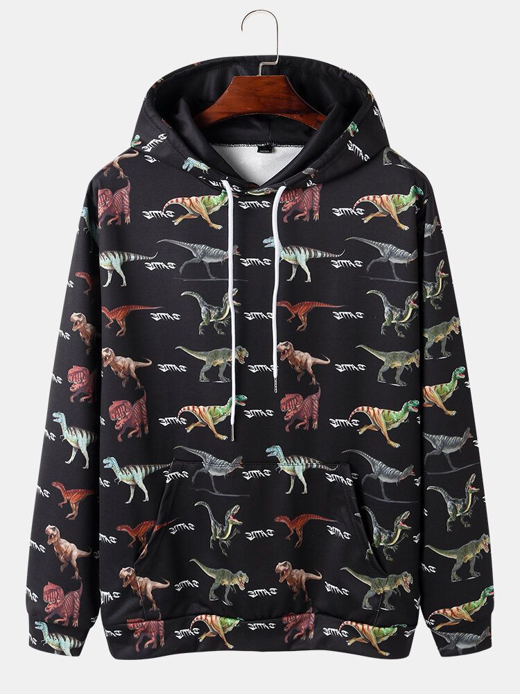 Sudaderas Con Capucha Negras Con Cordón Y Estampado De Dinosaurio Para Hombre Con Bolsillo