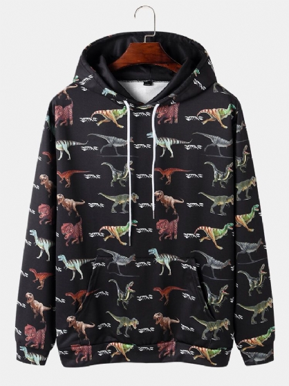 Sudaderas Con Capucha Negras Con Cordón Y Estampado De Dinosaurio Para Hombre Con Bolsillo