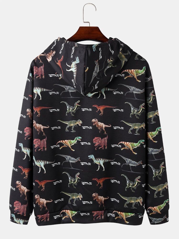 Sudaderas Con Capucha Negras Con Cordón Y Estampado De Dinosaurio Para Hombre Con Bolsillo