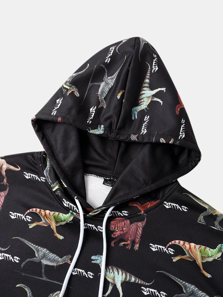 Sudaderas Con Capucha Negras Con Cordón Y Estampado De Dinosaurio Para Hombre Con Bolsillo