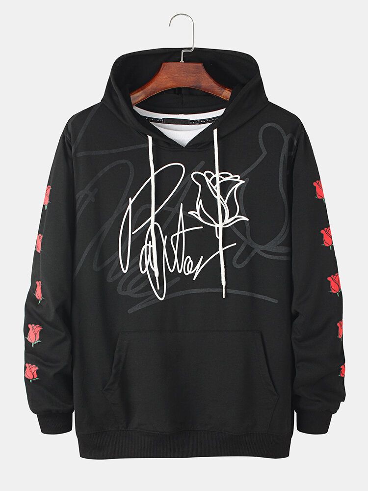 Sudaderas Con Capucha Negras Con Estampado De Rosas Laterales Con Estampado De Graffiti De Algodón Para Hombre