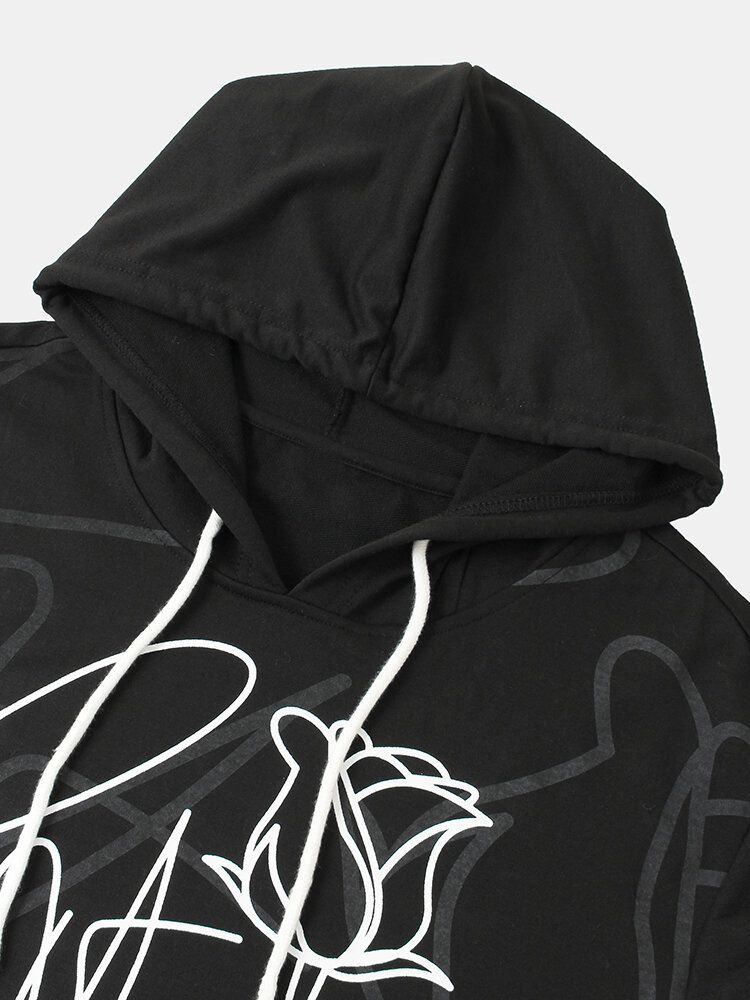 Sudaderas Con Capucha Negras Con Estampado De Rosas Laterales Con Estampado De Graffiti De Algodón Para Hombre