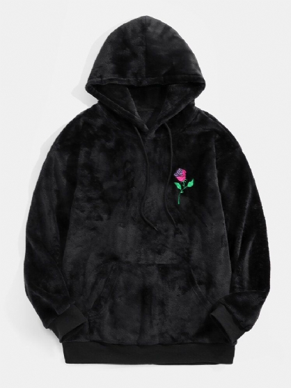 Sudaderas Con Capucha Negras De Felpa Con Bordado De Rosas Para Hombre Con Bolsillo