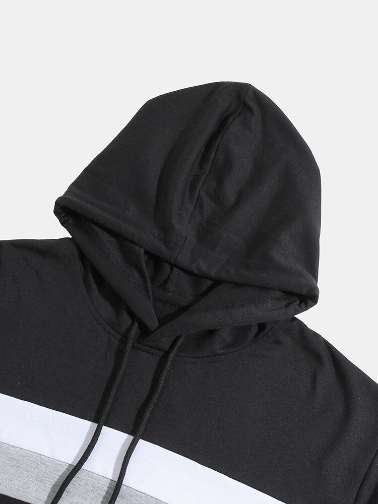 Sudaderas Con Capucha Negras De Manga Larga A Rayas Con Bolsillo De Canguro Para Hombre