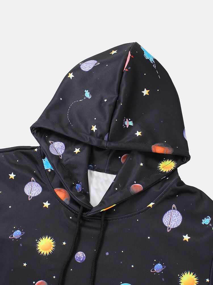 Sudaderas Con Capucha Negras De Manga Larga Con Bolsillo De Canguro Con Estampado De Planeta Para Hombre