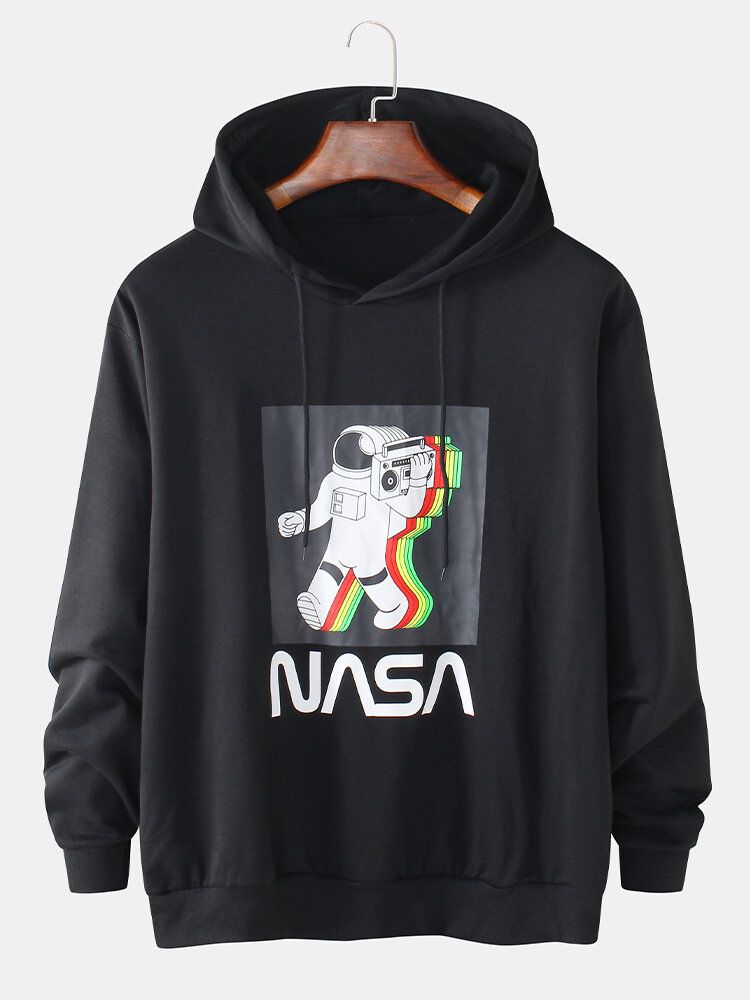 Sudaderas Con Capucha Negras De Manga Larga Con Estampado De Astronauta Para Hombre