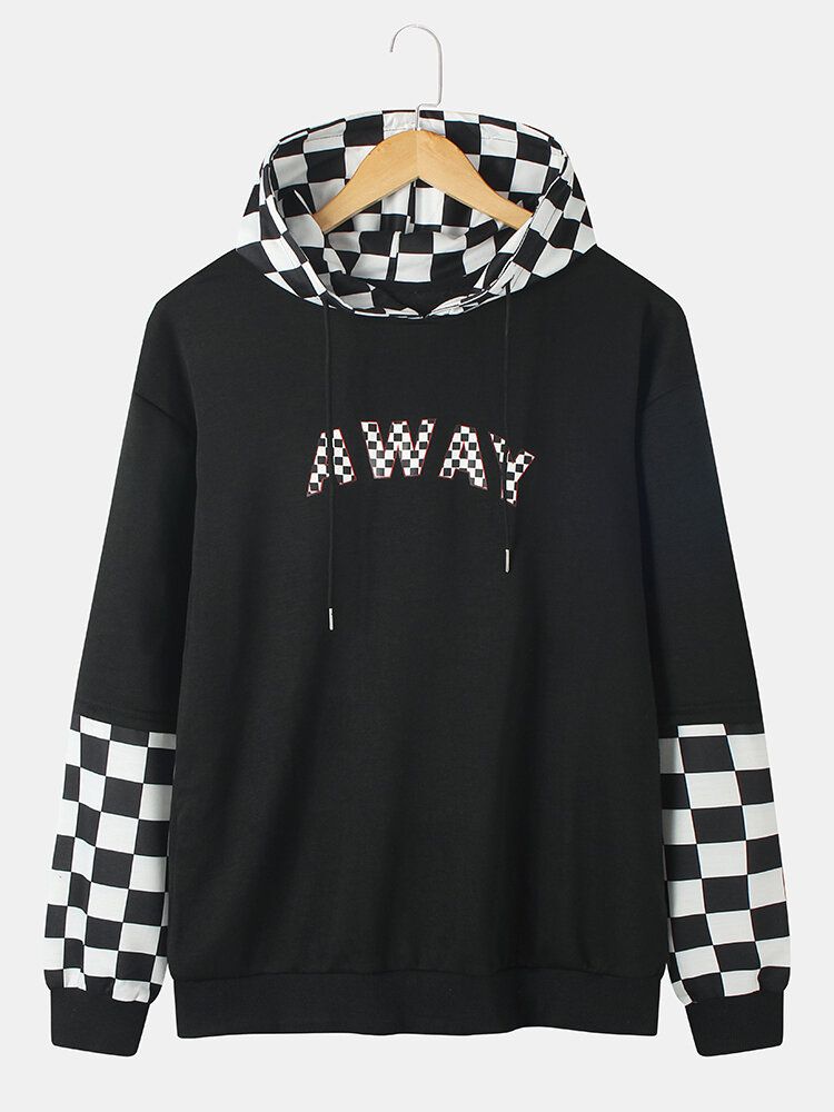 Sudaderas Con Capucha Negras De Manga Larga Con Estampado De Cuadros De Patchwork De Letras Para Hombre