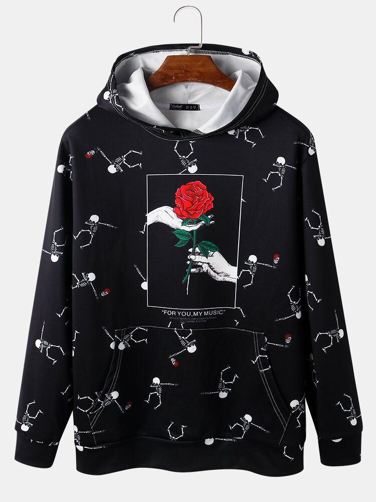 Sudaderas Con Capucha Negras Para Hombre Rose & Skeleton Pirnt Kangaroo Pocket Street