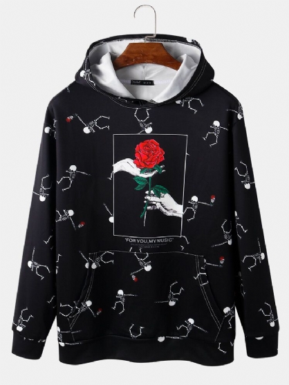 Sudaderas Con Capucha Negras Para Hombre Rose & Skeleton Pirnt Kangaroo Pocket Street