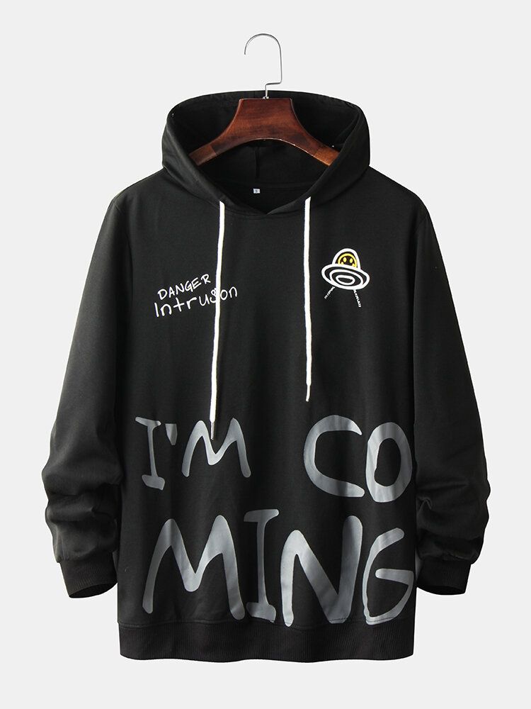 Sudaderas Con Capucha Negras Simples De Manga Larga Con Estampado De Letras De Graffiti Para Hombre