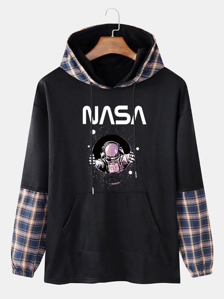 Sudaderas Con Capucha De Patchwork A Cuadros Con Estampado De Astronauta Para Hombre Con Bolsillo