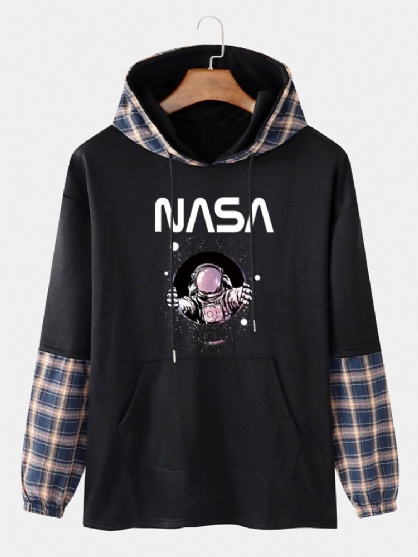 Sudaderas Con Capucha De Patchwork A Cuadros Con Estampado De Astronauta Para Hombre Con Bolsillo