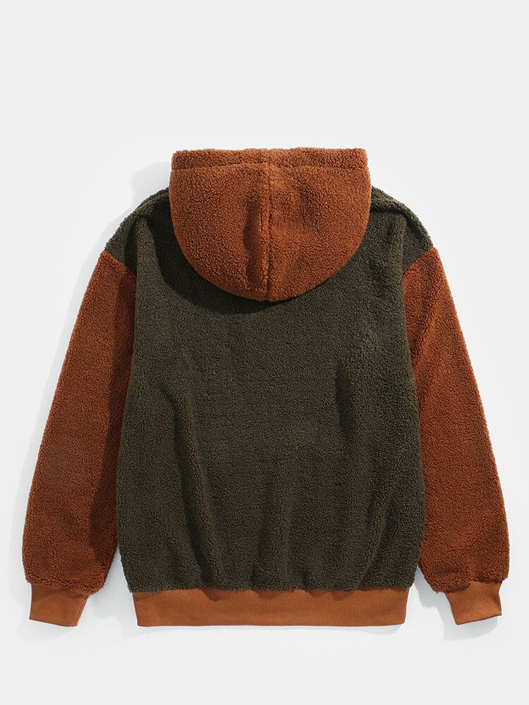 Sudaderas Con Capucha De Peluche De Felpa De Patchwork De Contraste Bordado Para Hombre