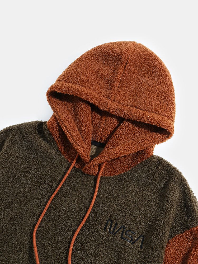 Sudaderas Con Capucha De Peluche De Felpa De Patchwork De Contraste Bordado Para Hombre