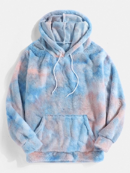 Sudaderas Con Capucha De Peluche De Manga Larga Mullidas De Felpa Con Efecto Tie-dye Para Hombre Con Bolsillo