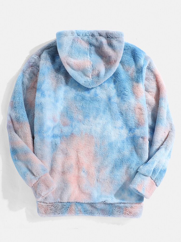 Sudaderas Con Capucha De Peluche De Manga Larga Mullidas De Felpa Con Efecto Tie-dye Para Hombre Con Bolsillo