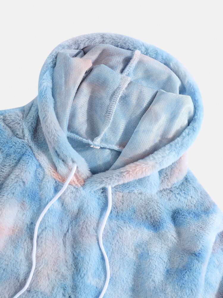 Sudaderas Con Capucha De Peluche De Manga Larga Mullidas De Felpa Con Efecto Tie-dye Para Hombre Con Bolsillo