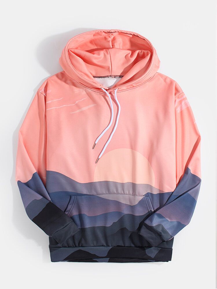 Sudaderas Con Capucha Rosa De Bolsillo Con Bolsillo Con Estampado De Paisaje Para Hombre