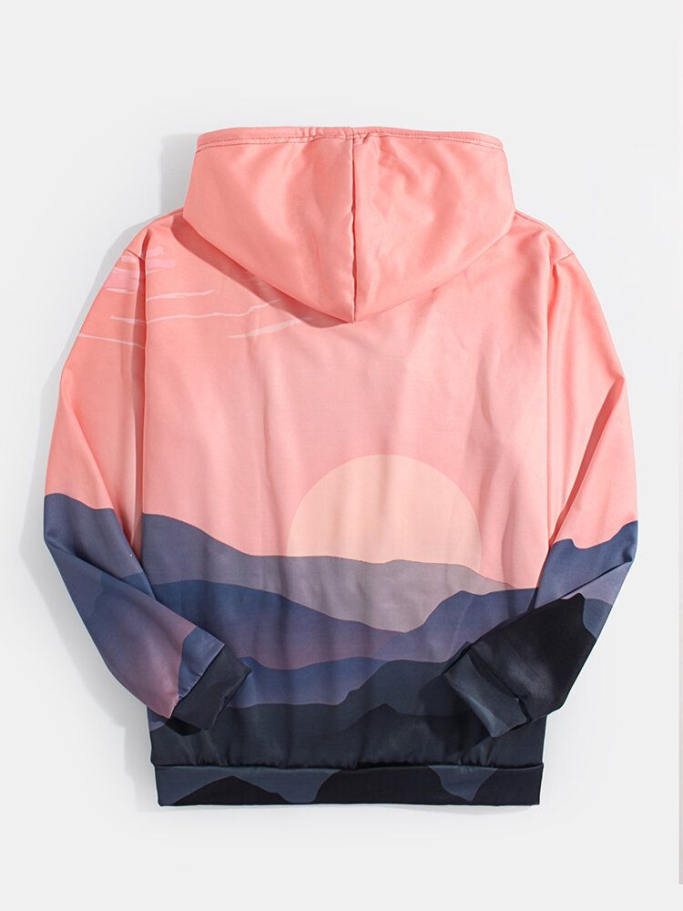 Sudaderas Con Capucha Rosa De Bolsillo Con Bolsillo Con Estampado De Paisaje Para Hombre