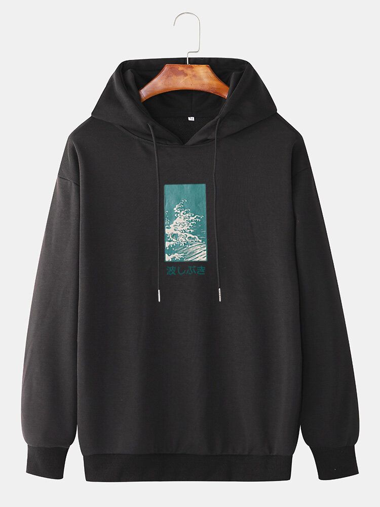 Sudaderas Con Capucha Simples De Hombro Caído De Manga Larga Con Estampado De Paisaje De Algodón Para Hombre