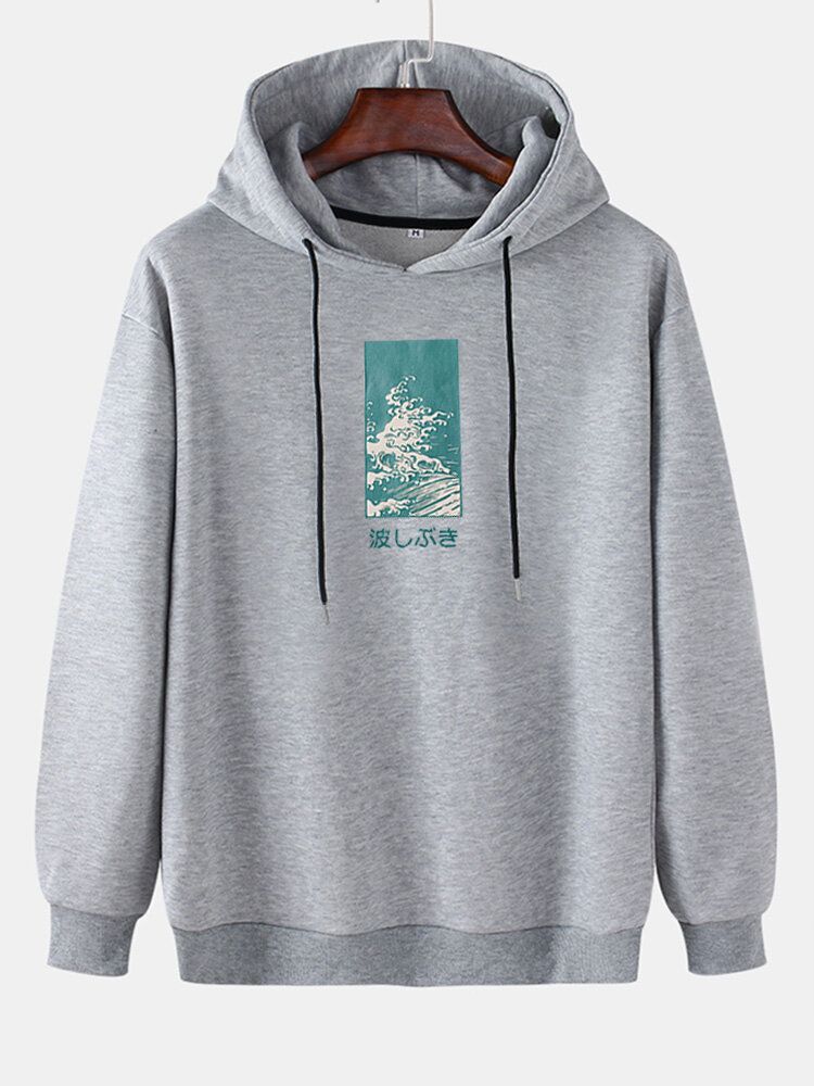 Sudaderas Con Capucha Simples De Hombro Caído De Manga Larga Con Estampado De Paisaje De Algodón Para Hombre