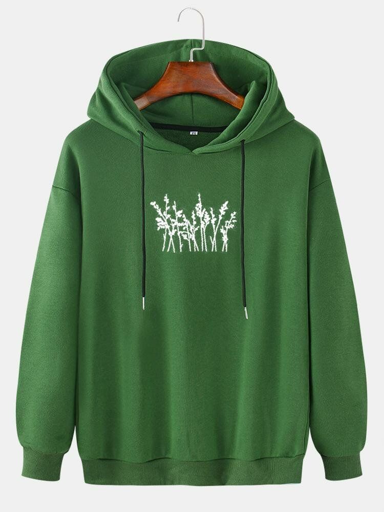 Sudaderas Con Capucha Simples Con Hombros Caídos Y Estampado Abstracto De Plantas Para Hombre