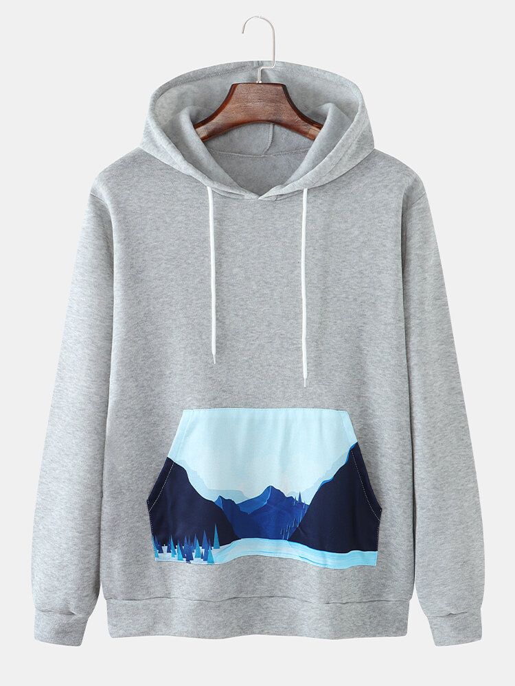 Sudaderas Con Capucha Simples De Manga Larga Con Bolsillo Con Estampado De Paisaje Para Hombre